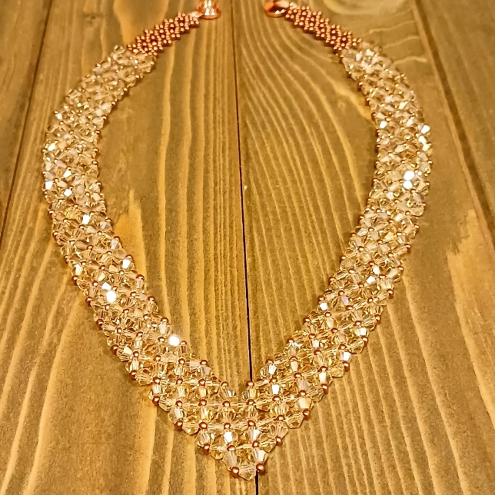 New, Hand-made Necklace made using Golden bicone crystals, Rose Gold seed beads